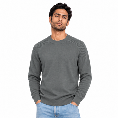 Man wearing Crew Neck Knit Pullover in Dark Gray - model photo