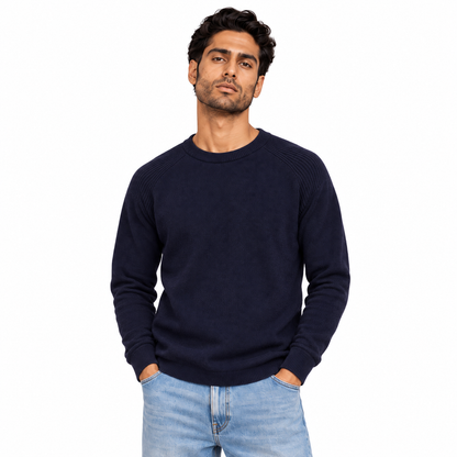 Man wearing Crew Neck Knit Pullover in Navy - model photo