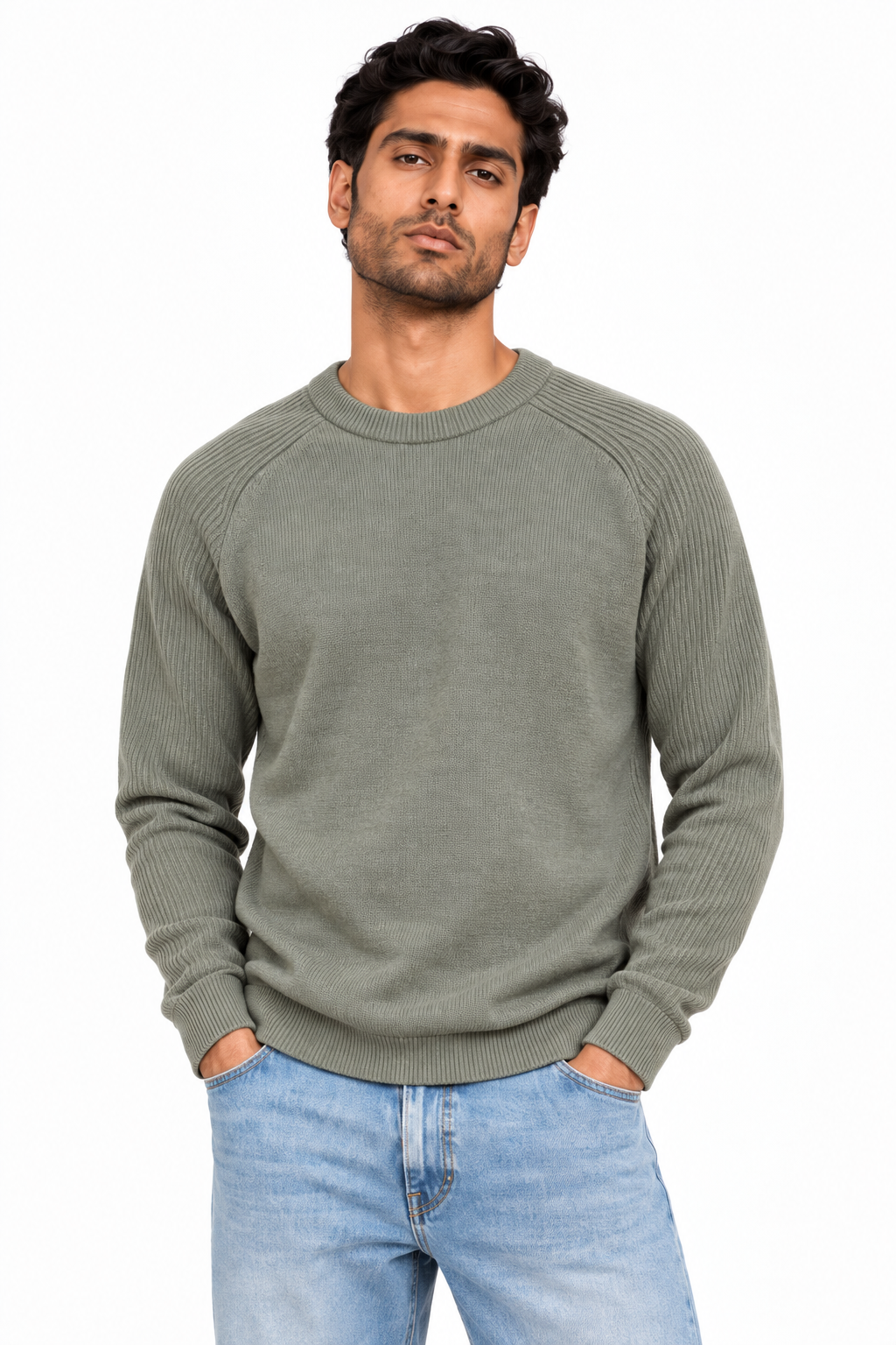 Man wearing Crew Neck Knit Pullover in Olive - model photo