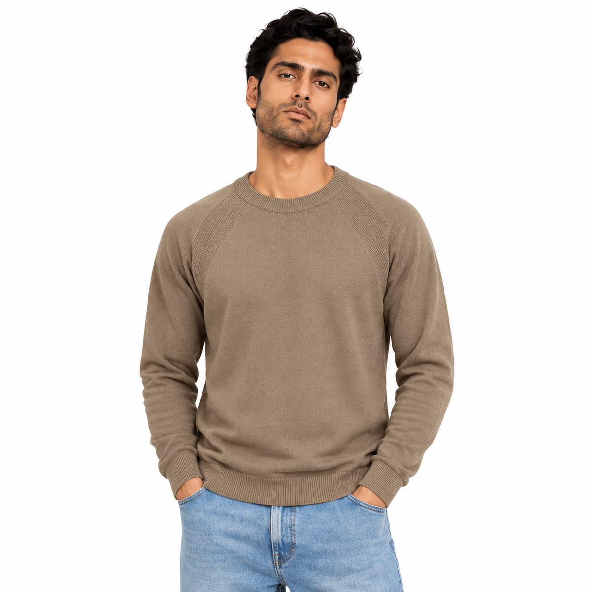 Man wearing Crew Neck Knit Pullover in Coffee - model photo