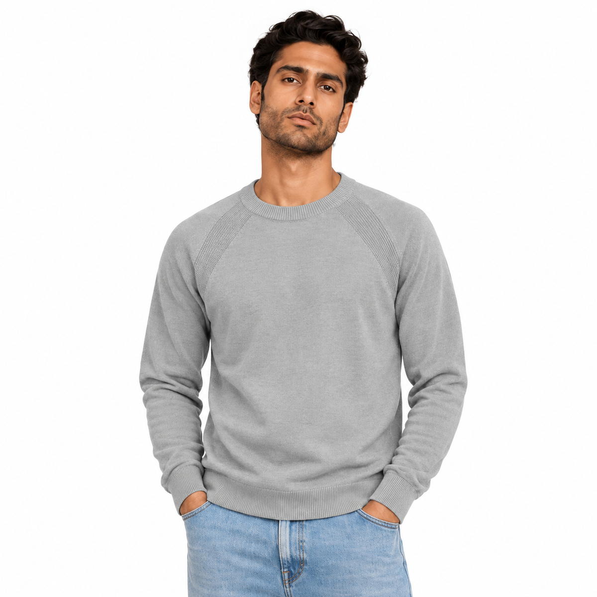 Man wearing Crew Neck Knit Pullover in Light Gray - model photo