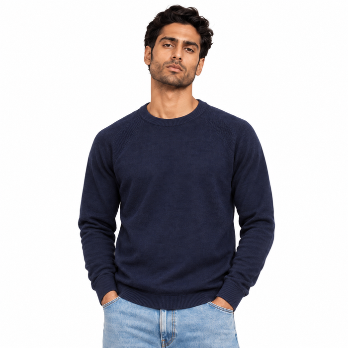 Man wearing Crew Neck Knit Pullover in Navy - model photo