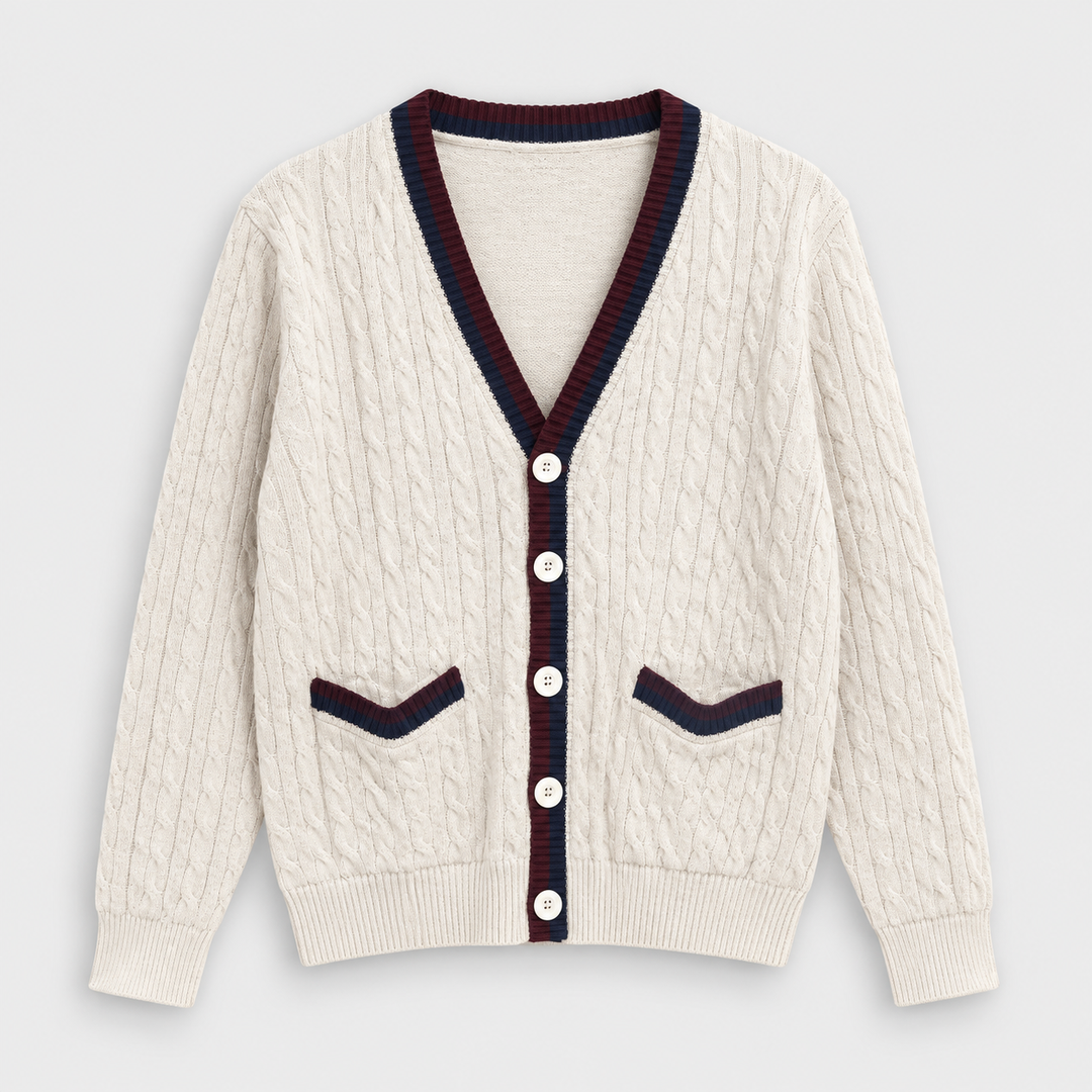 Men Button Front Knit Jacket in Cream - flat product view
