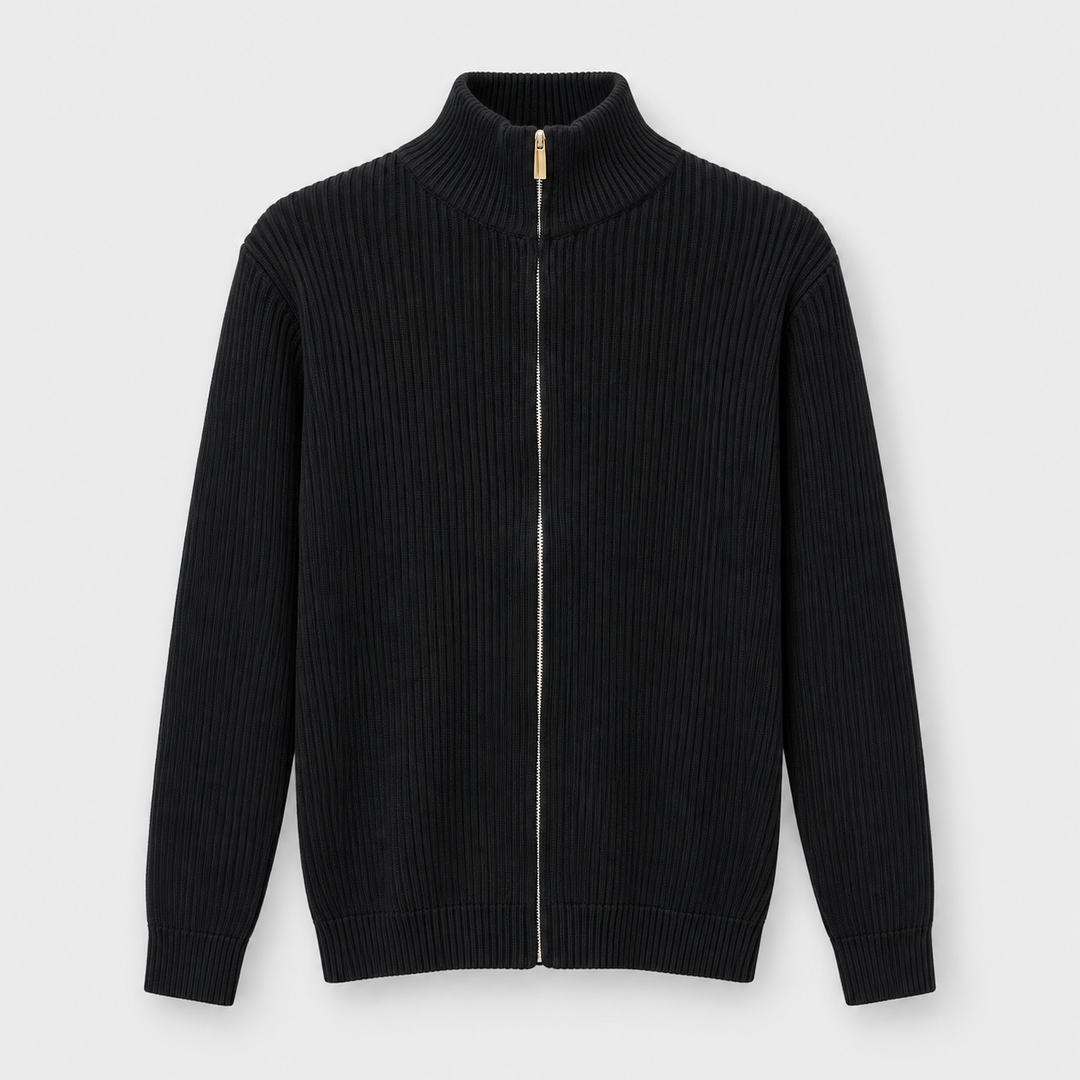 Men Full Zip Knit Jacket in Black - flat product view