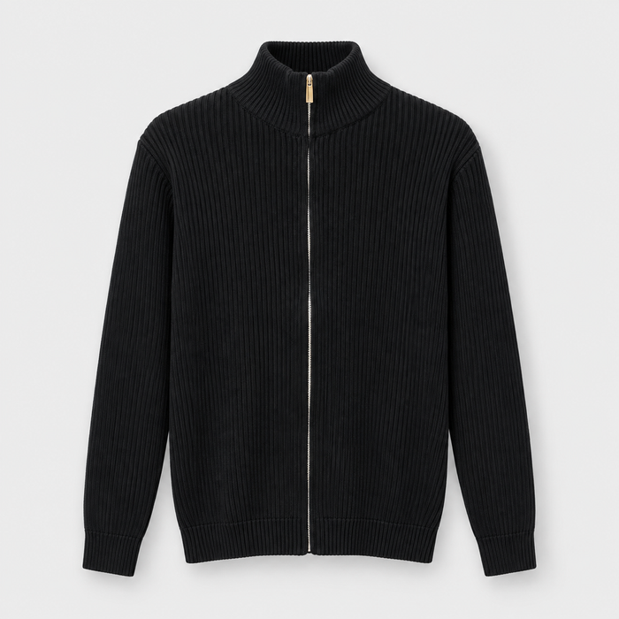 Men Full Zip Knit Jacket in Black - flat product view