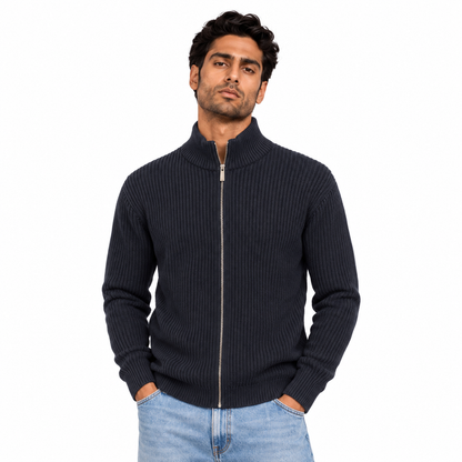 Man wearing Full Zip Knit Jacket in Black - model photo