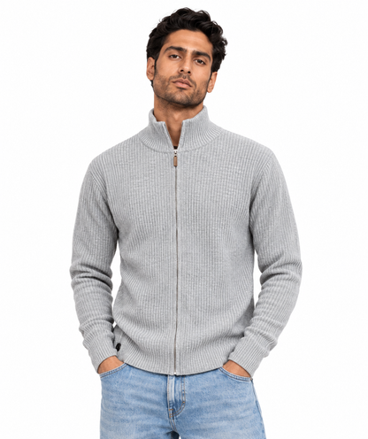 Man wearing Full Zip Knit Jacket in Light Gray - model photo