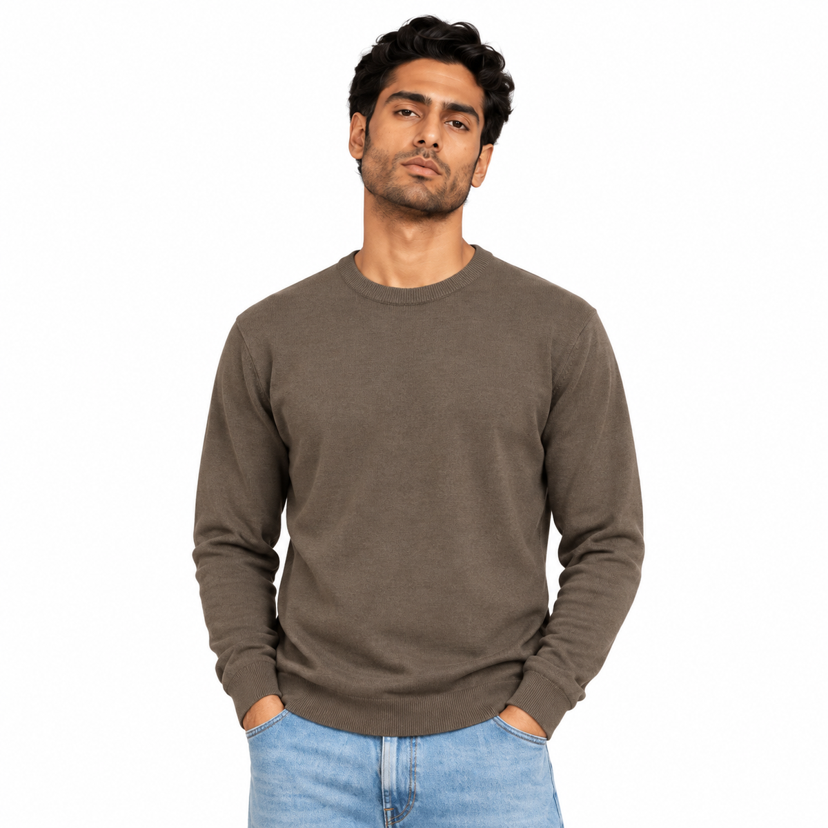 Man wearing Crew Neck Knit Pullover in Coffee - model photo