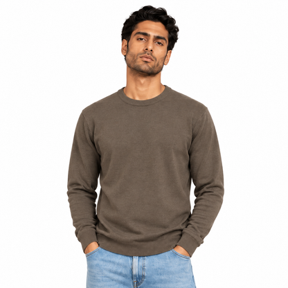 Man wearing Crew Neck Knit Pullover in Coffee - model photo