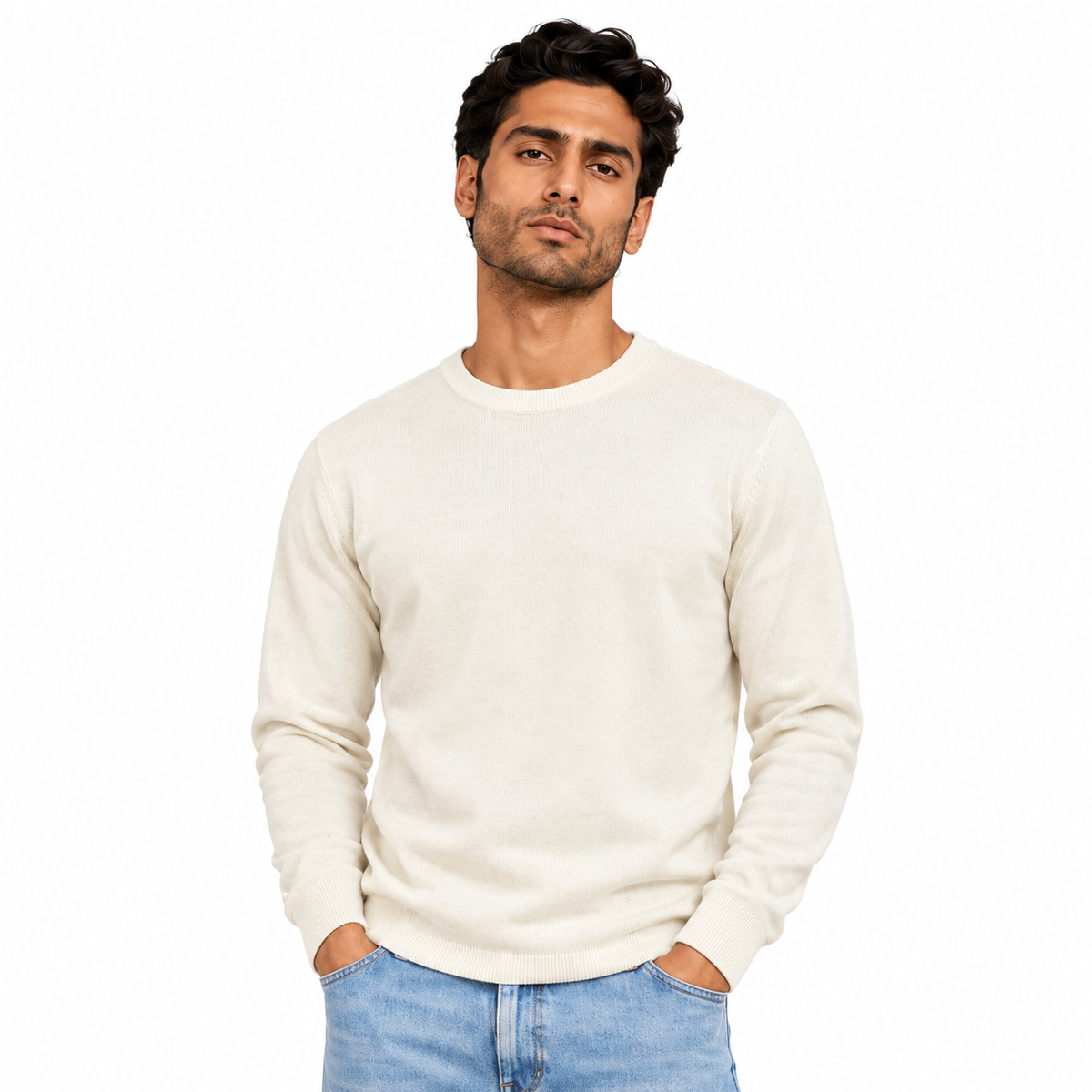 Man wearing Crew Neck Knit Pullover in Cream - model photo