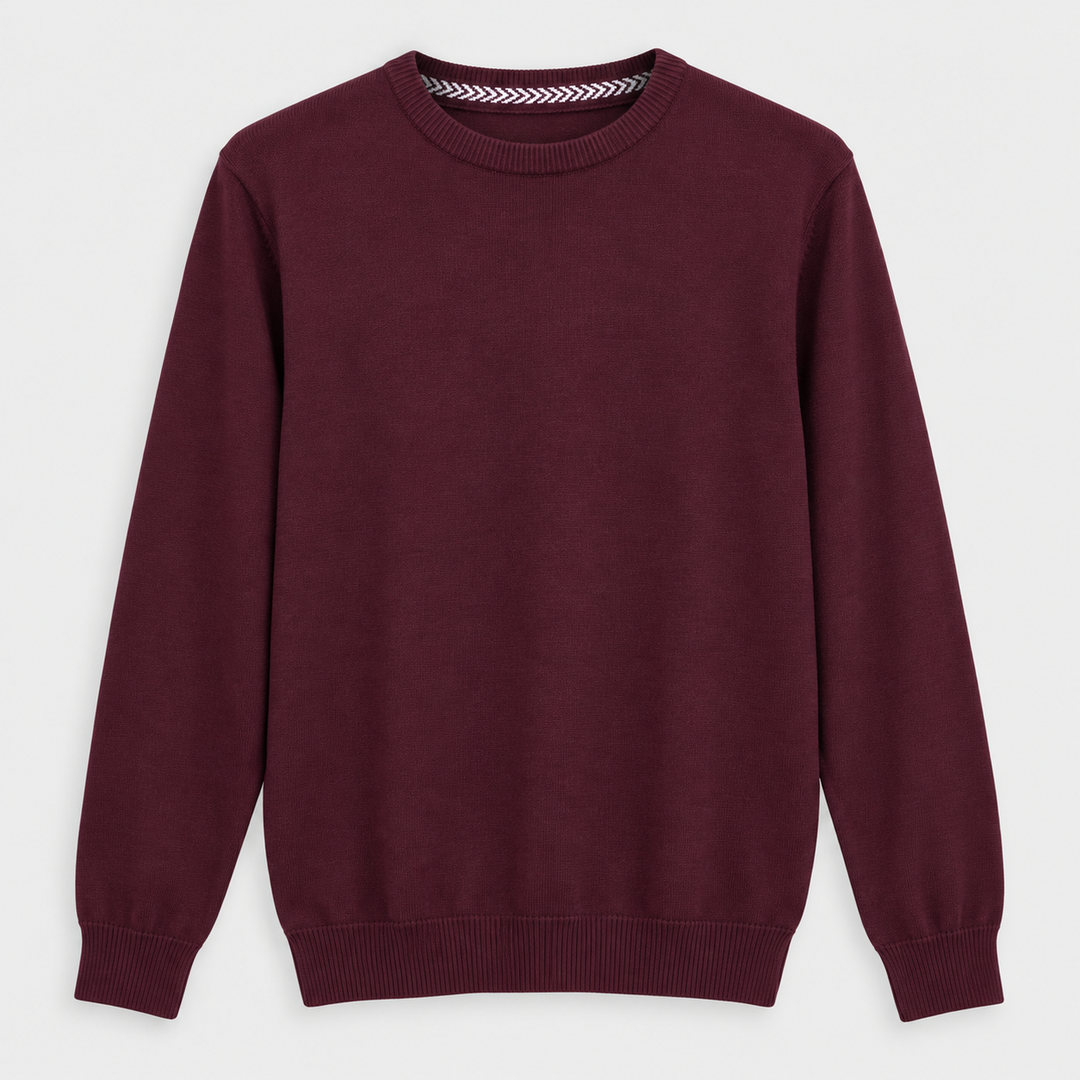 Men Crew Neck Knit Pullover in Dark Red - flat product view