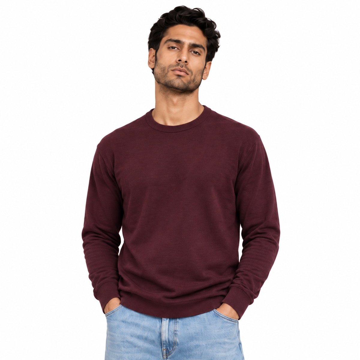 Man wearing Crew Neck Knit Pullover in Dark Red - model photo