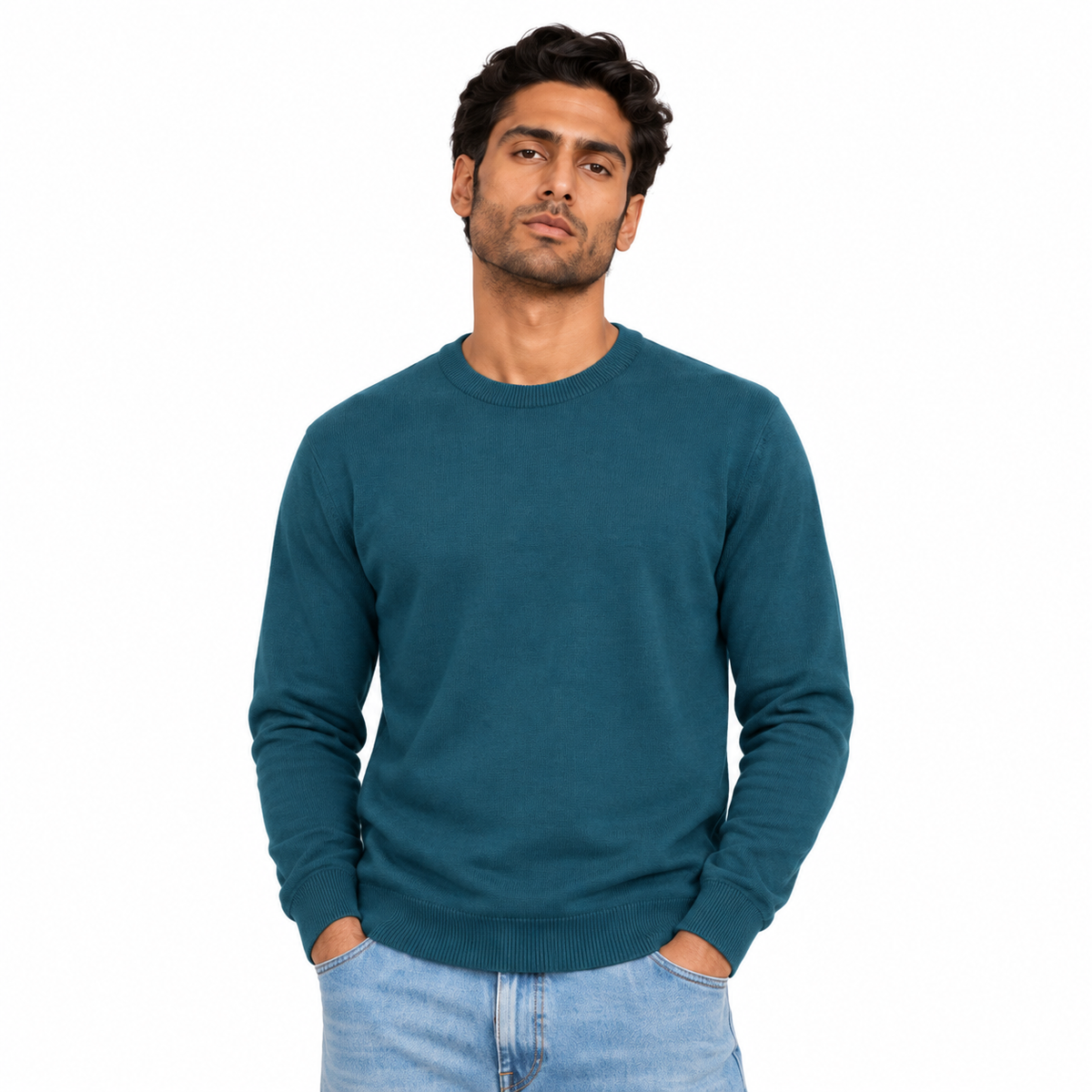 Man wearing Crew Neck Knit Pullover in Green - model photo