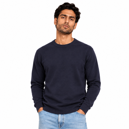 Man wearing Crew Neck Knit Pullover in Navy - model photo