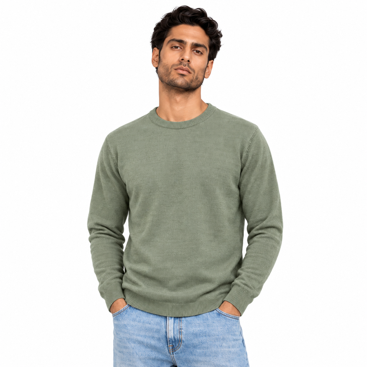 Man wearing Crew Neck Knit Pullover in Olive - model photo