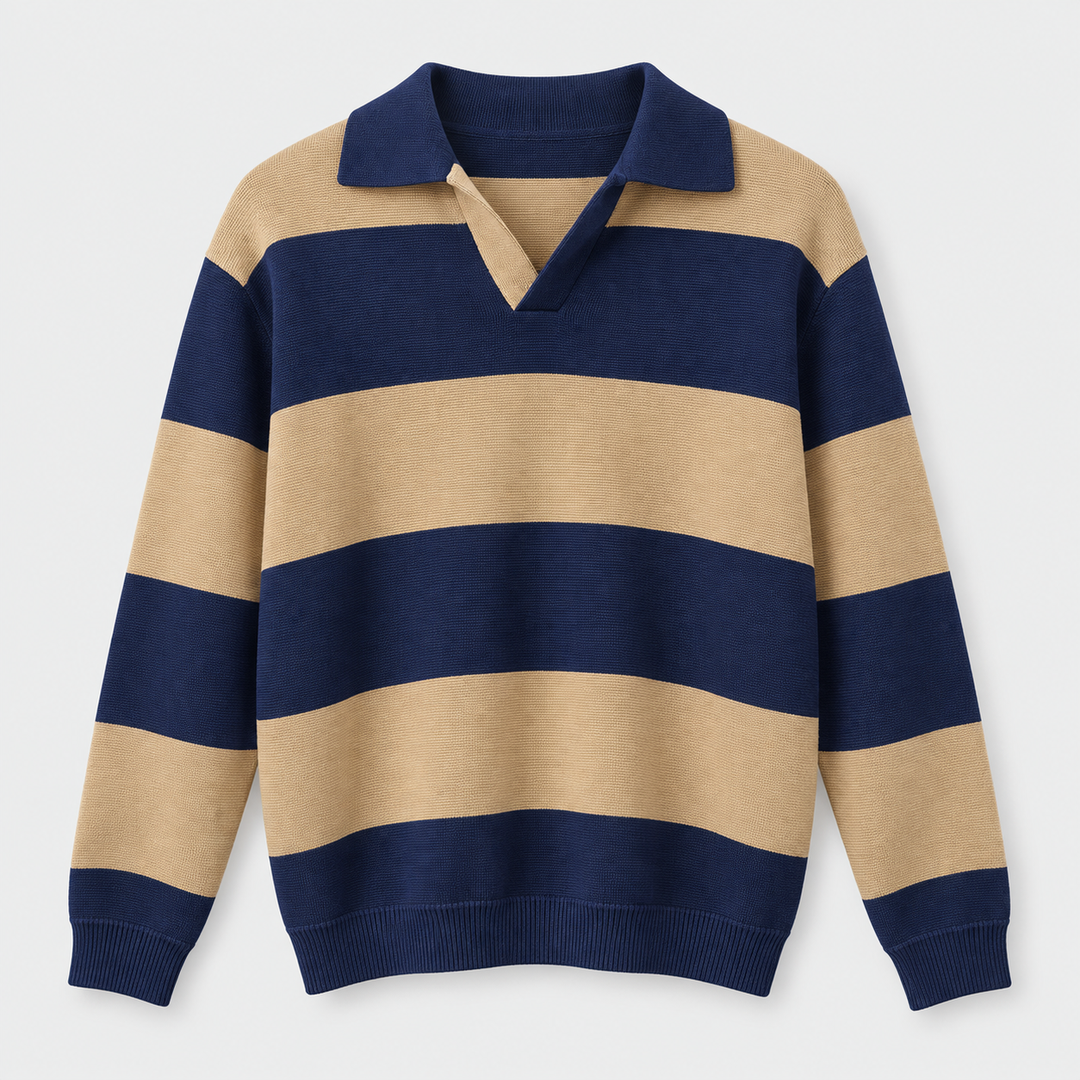 Men Striped Knit Polo Pullover in Coffee - flat product view