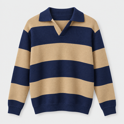 Men Striped Knit Polo Pullover in Coffee - flat product view