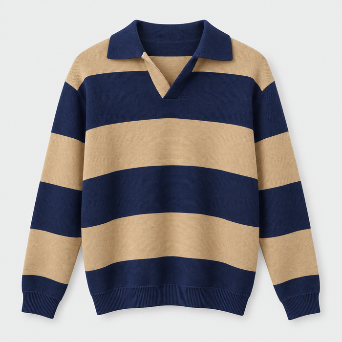 Men Striped Knit Polo Pullover in Coffee - flat product view