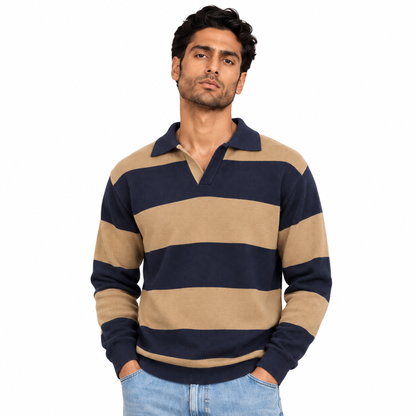 Man wearing Striped Knit Polo Pullover in Coffee - model photo