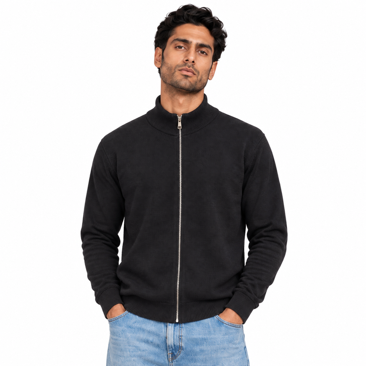 Man wearing Full Zip Knit Jacket in Black - model photo