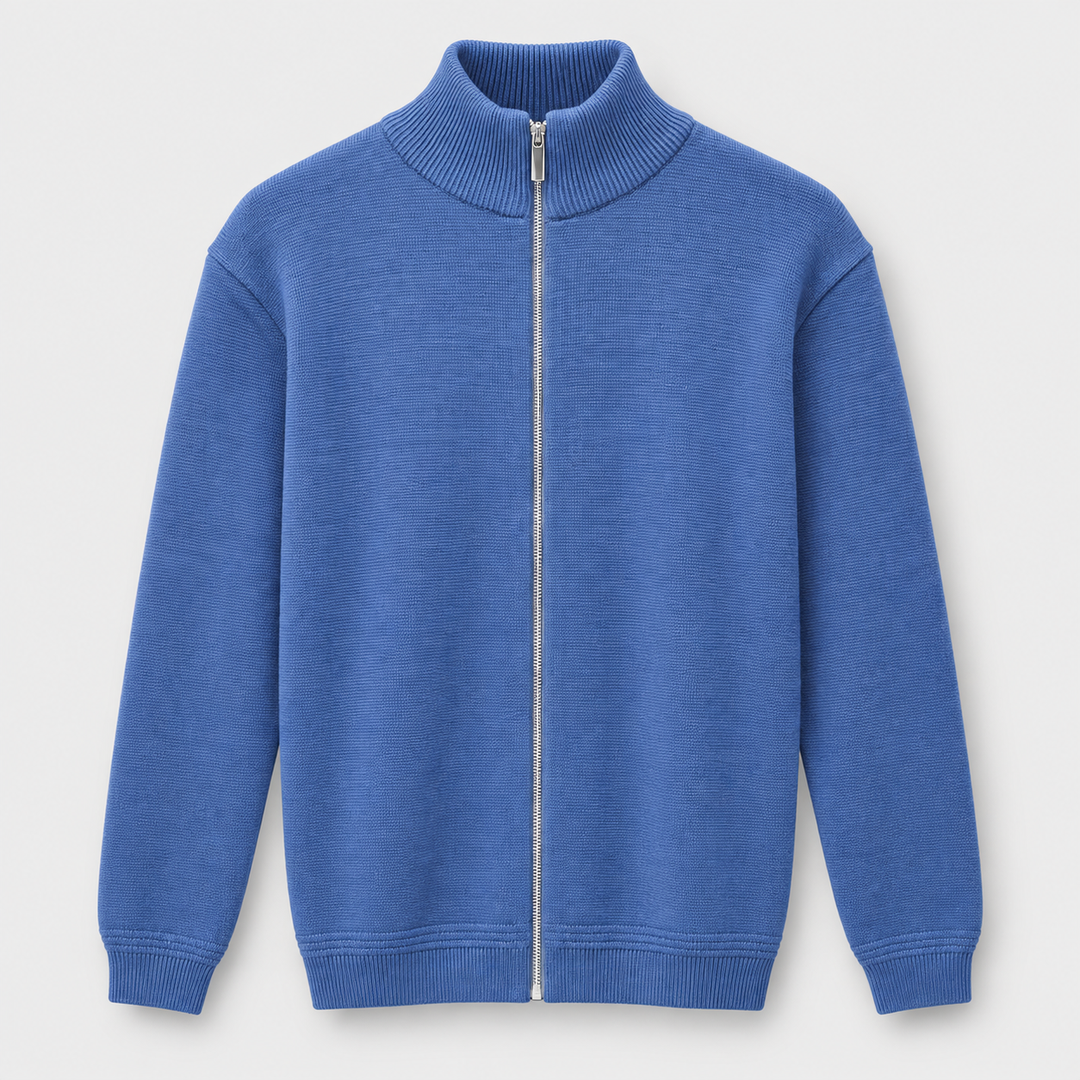 Men Full Zip Knit Jacket in Denim Blue - flat product view