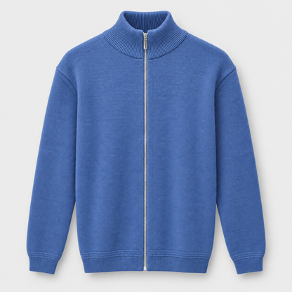 Men Full Zip Knit Jacket in Denim Blue - flat product view