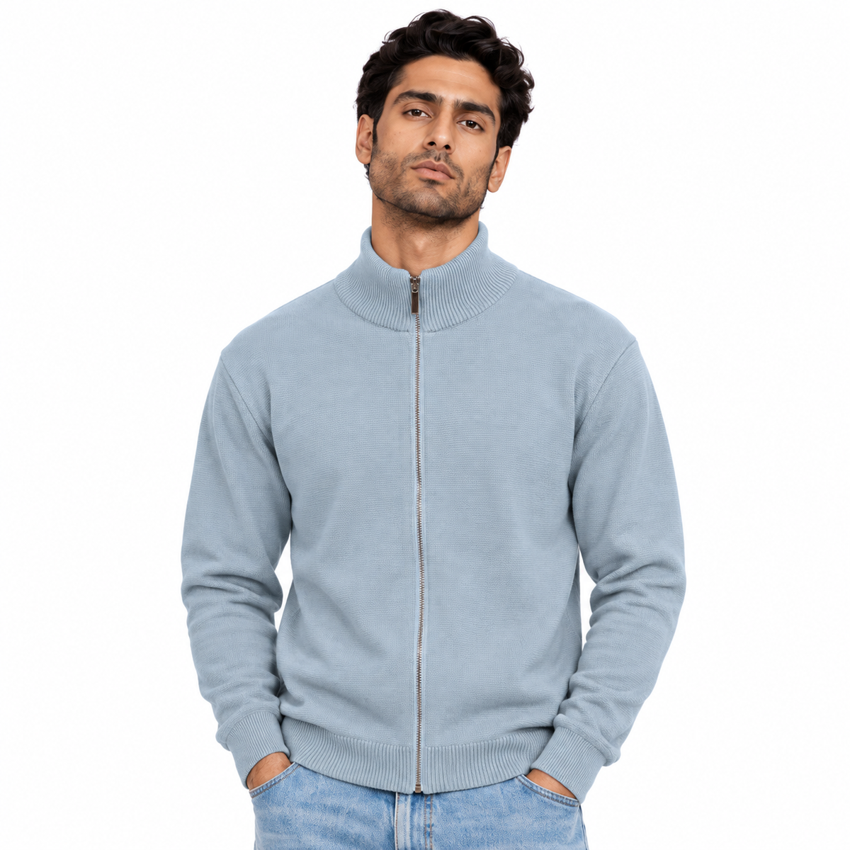 Man wearing Full Zip Knit Jacket in Silver - model photo