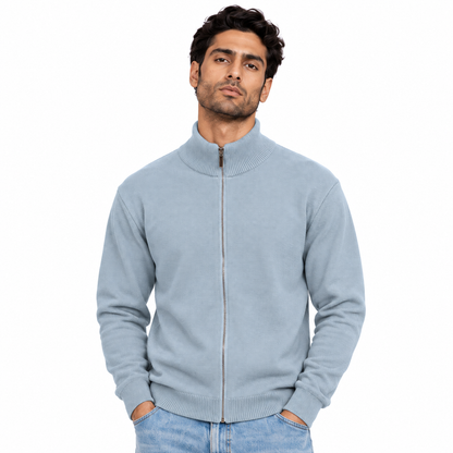 Man wearing Full Zip Knit Jacket in Silver - model photo
