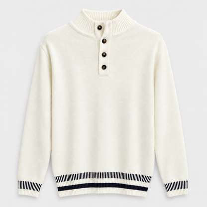 Men Striped Half Zip Knit Pullover in Cream - flat product view