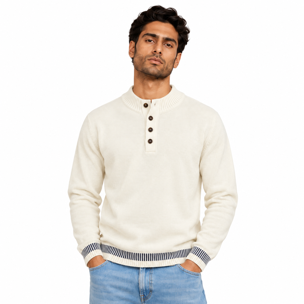 Man wearing Striped Half Zip Knit Pullover in Cream - model photo