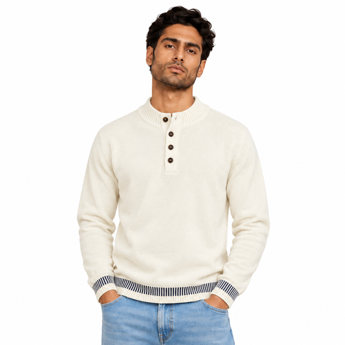 Man wearing Striped Half Zip Knit Pullover in Cream - model photo