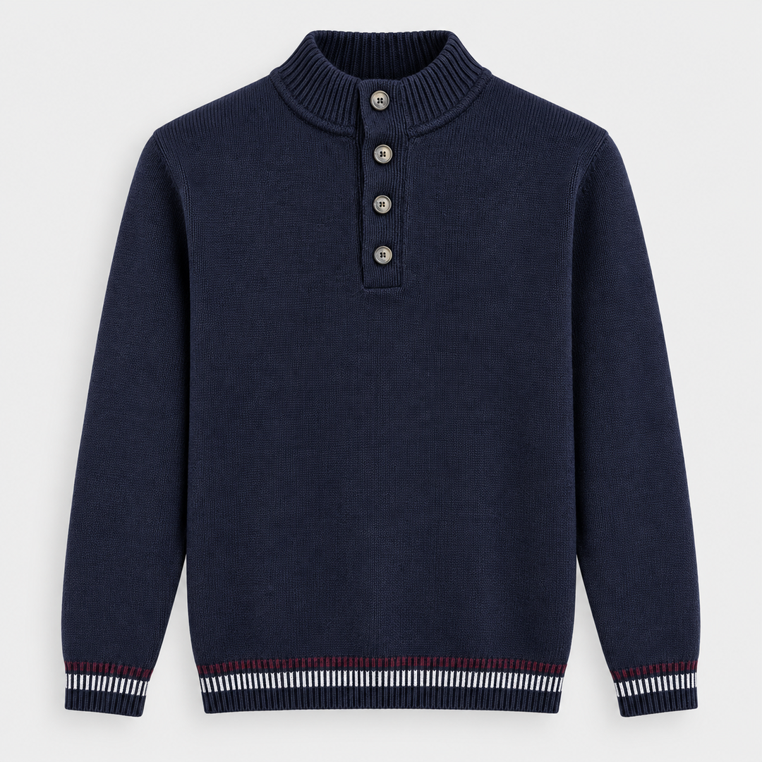Men Striped Half Zip Knit Pullover in Navy - flat product view