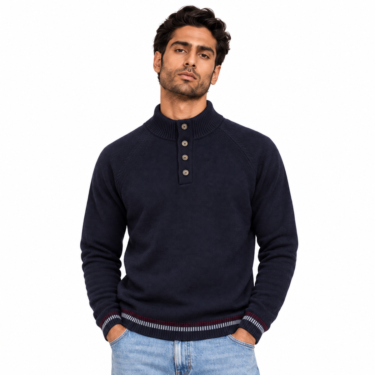 Man wearing Striped Half Zip Knit Pullover in Navy - model photo