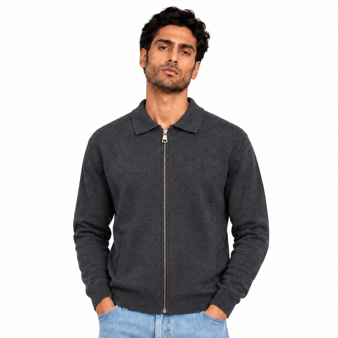Man wearing Full Zip Knit Jacket in Dark Gray - model photo