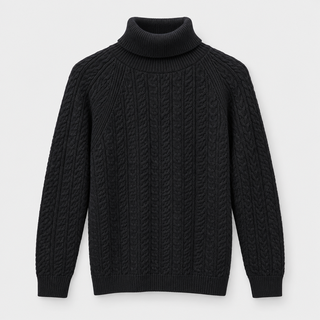 Men Mock Neck Cable Knit Pullover in Black - flat product view