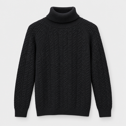 Men Mock Neck Cable Knit Pullover in Black - flat product view