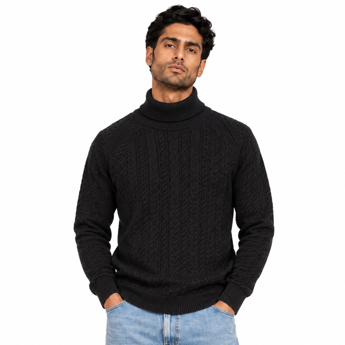 Man wearing Mock Neck Cable Knit Pullover in Black - model photo