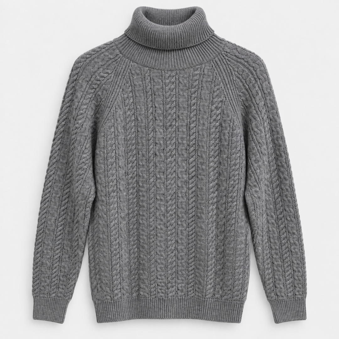 Men Mock Neck Cable Knit Pullover in Light Gray - flat product view
