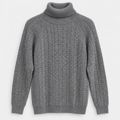 Men Mock Neck Cable Knit Pullover in Light Gray - flat product view