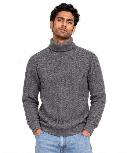 Man wearing Mock Neck Cable Knit Pullover in Light Gray - model photo