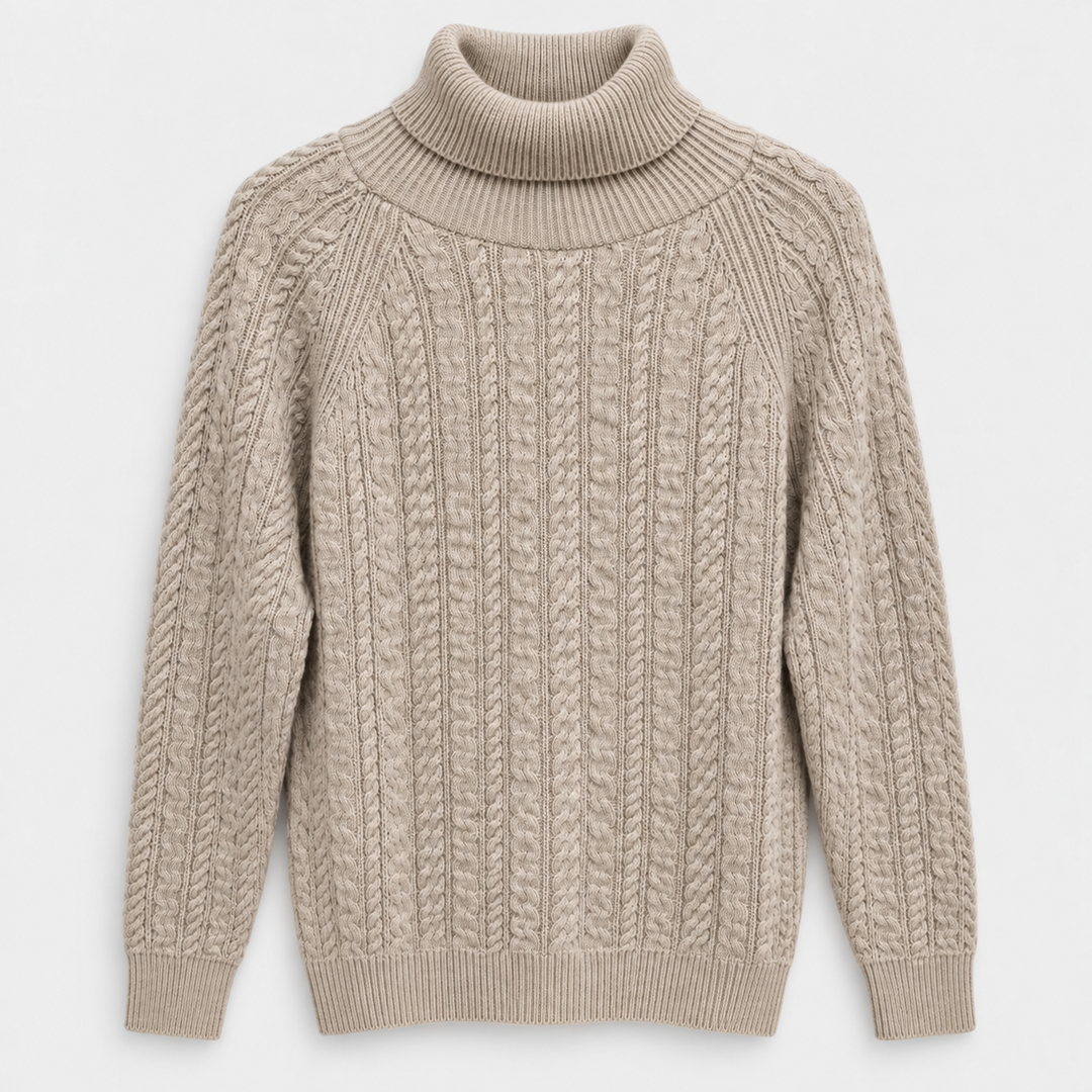 Men Mock Neck Cable Knit Pullover in Medium Beige - flat product view