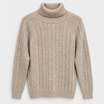 Men Mock Neck Cable Knit Pullover in Medium Beige - flat product view