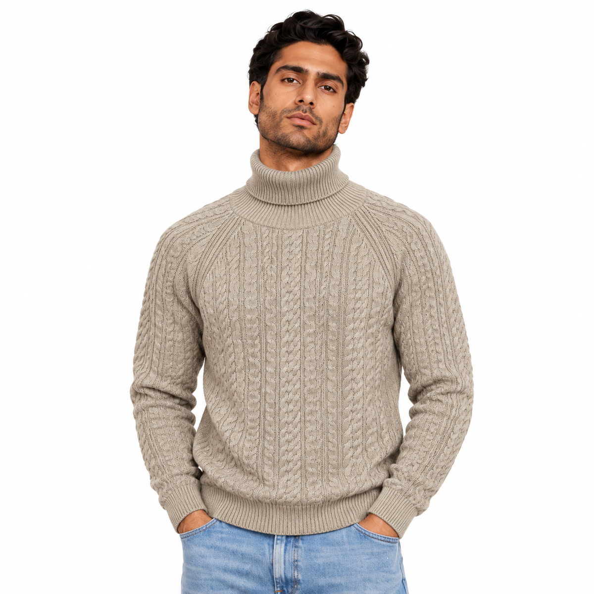 Man wearing Mock Neck Cable Knit Pullover in Medium Beige - model photo