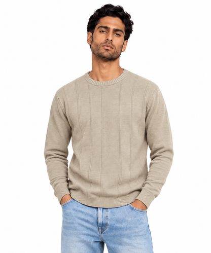 Man wearing Crew Neck Knit Pullover in Beige - model photo