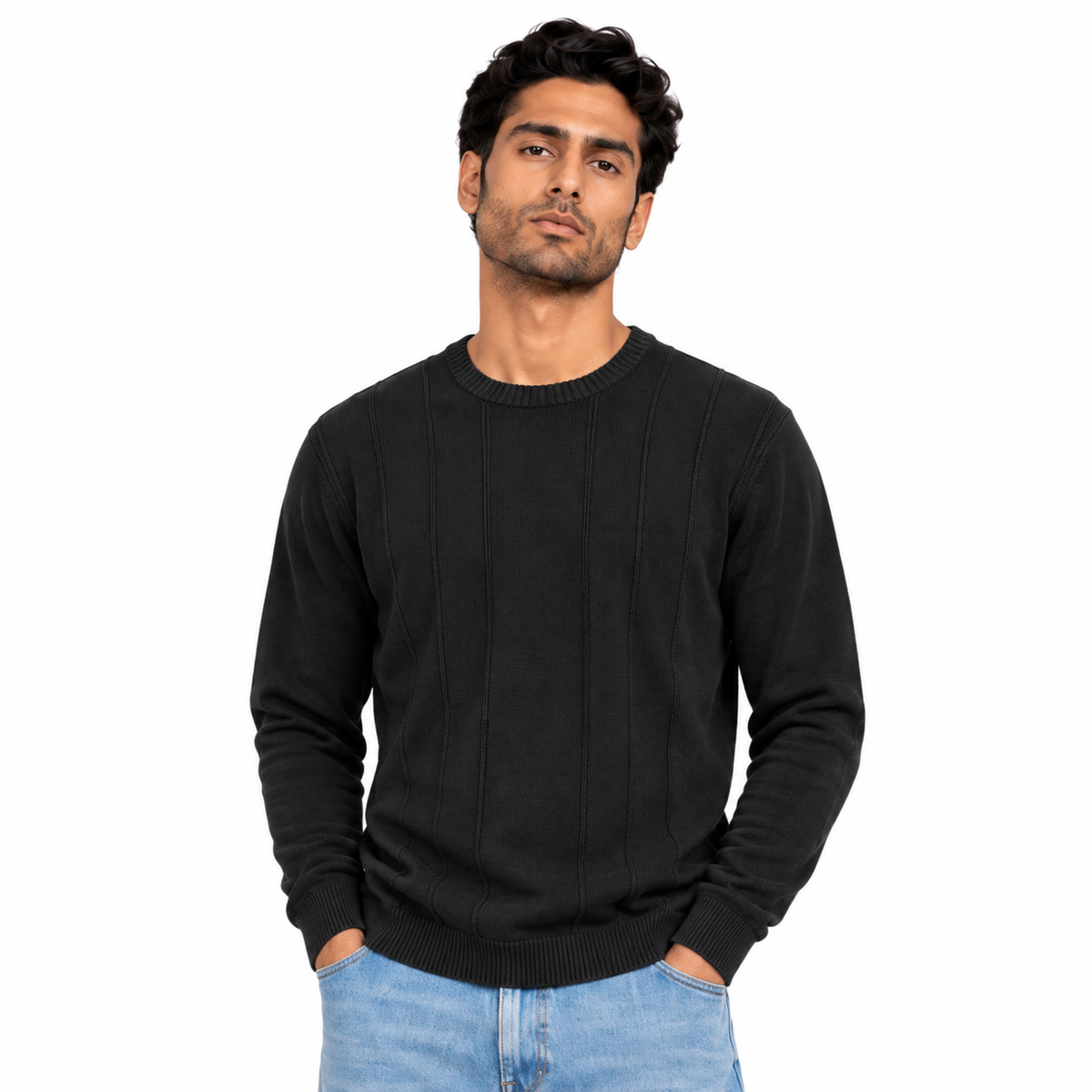 Man wearing Crew Neck Knit Pullover in Black - model photo