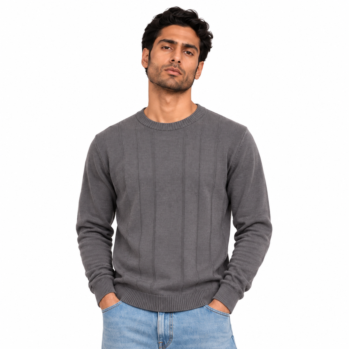 Man wearing Crew Neck Knit Pullover in Gray - model photo