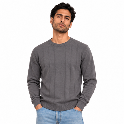 Man wearing Crew Neck Knit Pullover in Gray - model photo