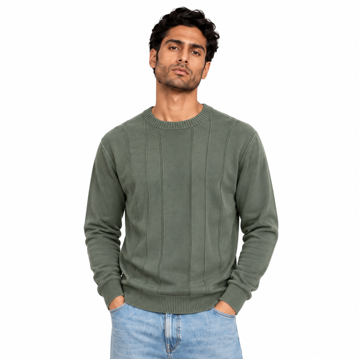 Man wearing Crew Neck Knit Pullover in Olive - model photo