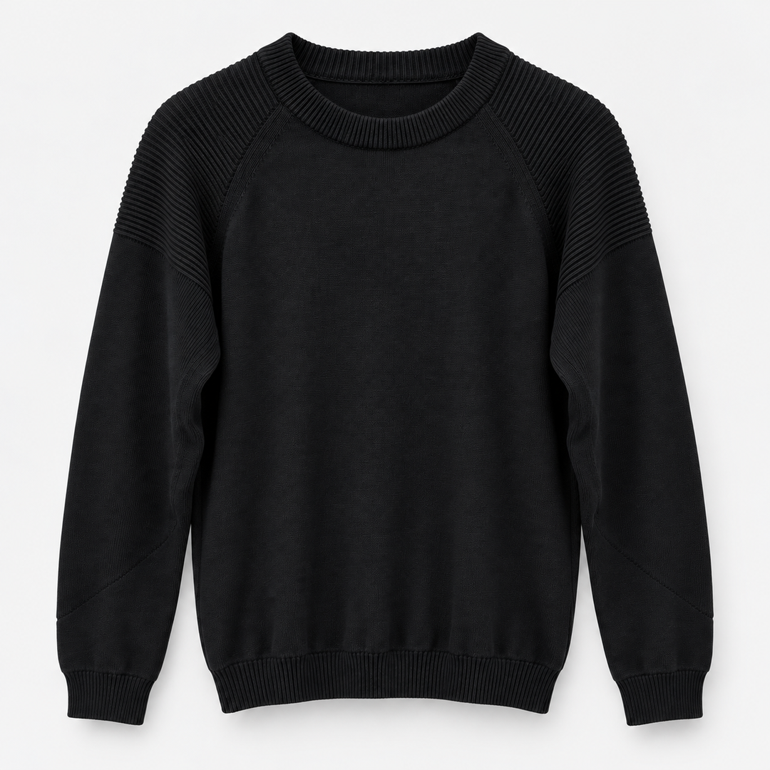 Men Raglan Crew Neck Knit Pullover in Black - flat product view