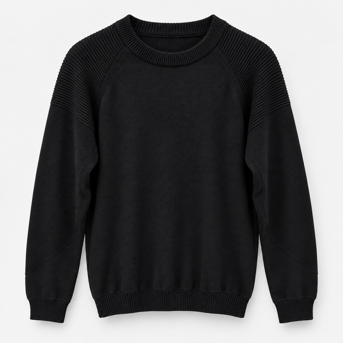 Men Raglan Crew Neck Knit Pullover in Black - flat product view